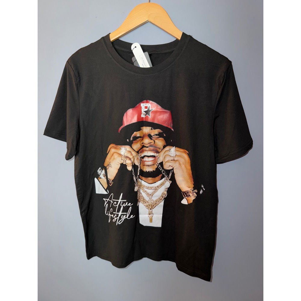 Romwe Mens XS Active Lifestyle Graphic Tee Black Short Sleeve Streetwear T-Shirt